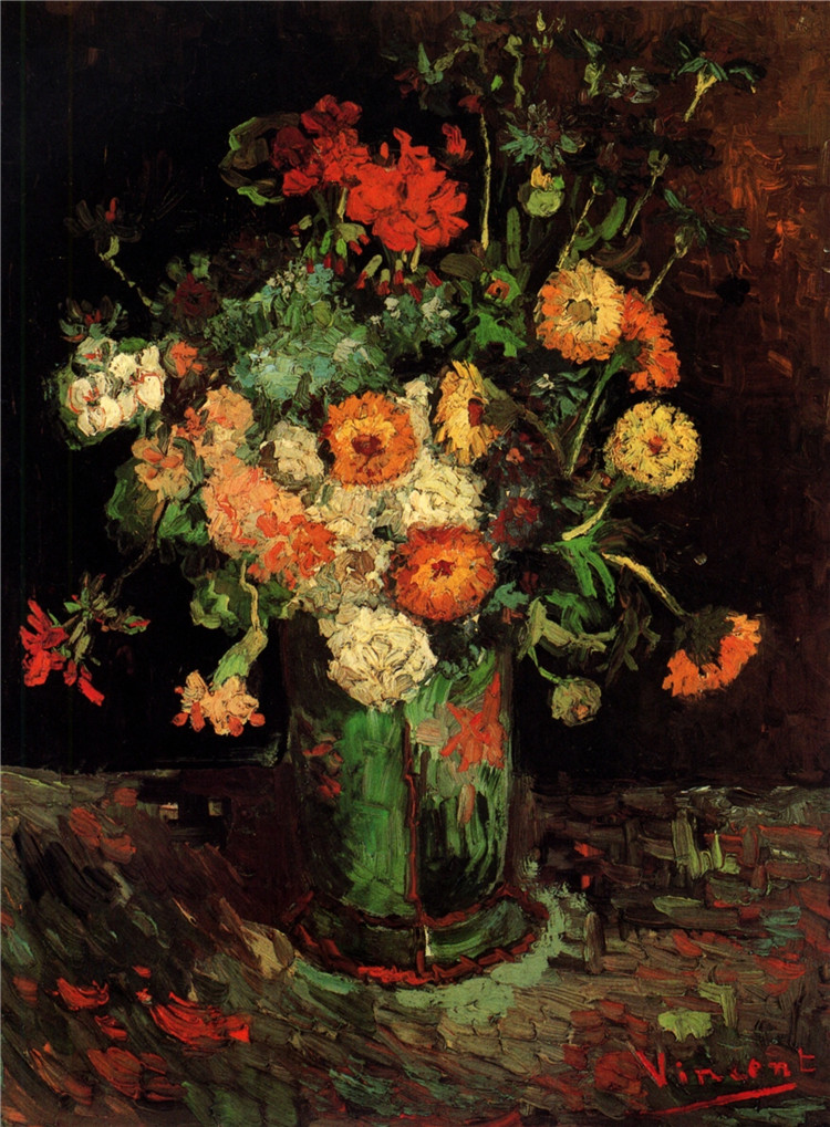 Vase With Zinnias And Geraniums Van Gogh Oil Painting